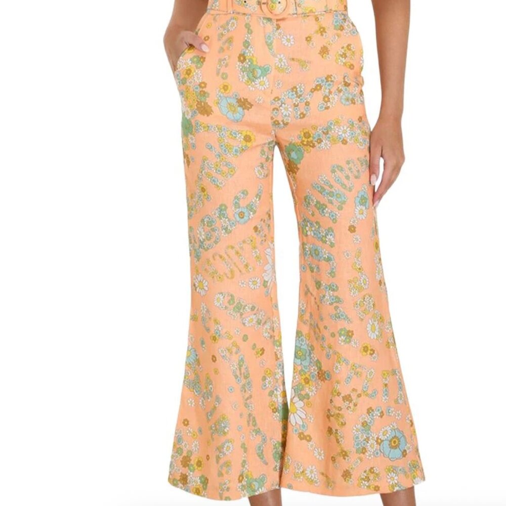 Zimmermann Lola Cropped Flare Bells Linen Peach Floral belt